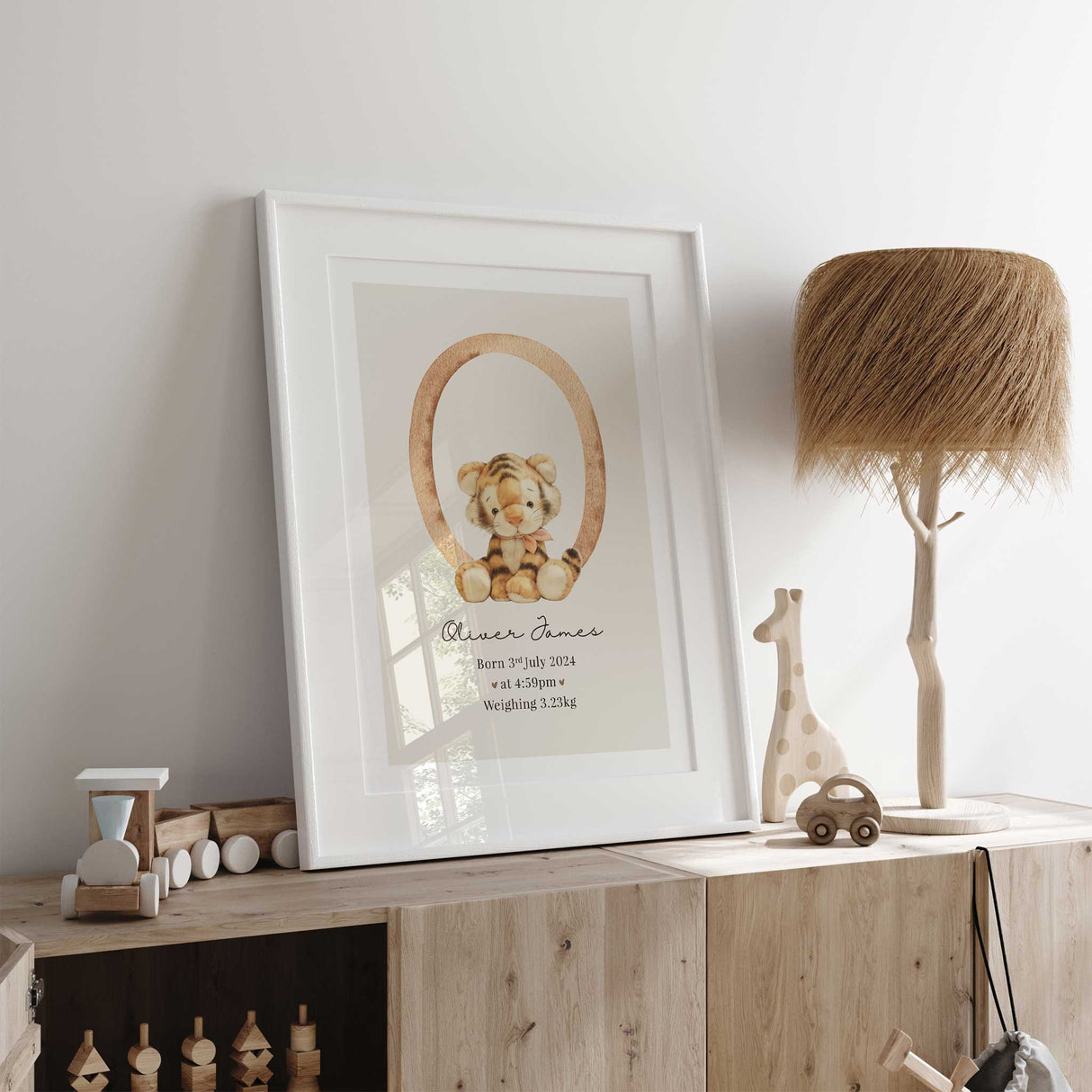 Personalised tiger nursery decor print for baby room with name and birth details