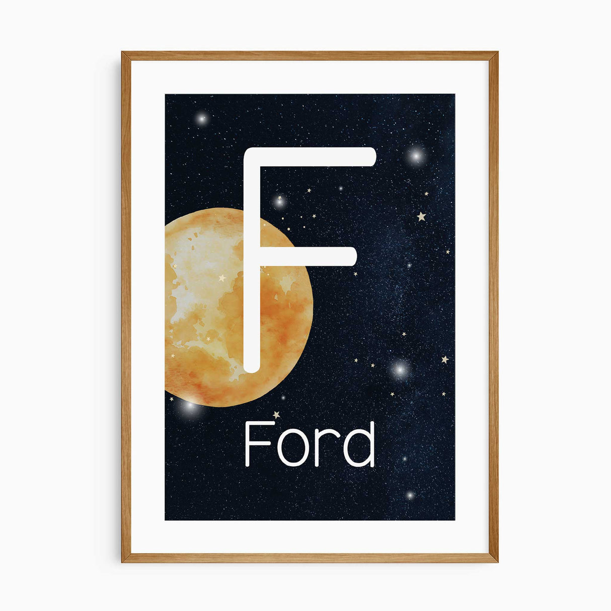 Personalized wall art with a large initial and name over a glowing moon in space