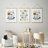 Toddler construction wall art with trucks and machinery