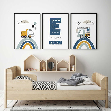 Truck construction themed wall art for toddler boys bedroom