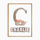 Set of 3 personalized monster truck wall art prints for kids bedroom or nursery. Features watercolor illustrations of off-road trucks with flames, big wheels, and a custom name print in the center. Perfect for truck-loving boys' room decor.