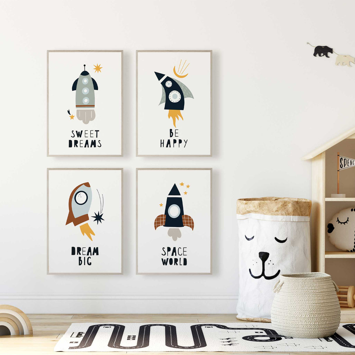 Whimsical rocket prints for nursery decor, featuring colourful rockets and space elements.