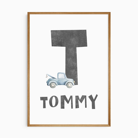 Grey initial and name with a small blue watercolour tow truck on a white background in a personalised print.