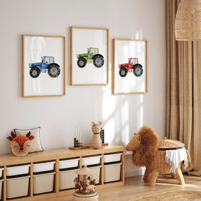 Set of three tractor wall art prints in green, red, and blue, perfect for farm-themed nursery or boys’ bedroom décor.