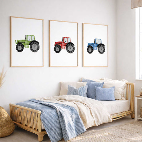 Tractor wall art set featuring blue, red and green tractor prints for boys bedroom or playroom decor