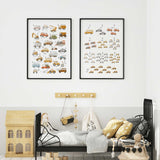 Transport themed ABC and 123 wall art set with illustrated vehicles for boys bedroom décor and learning.
