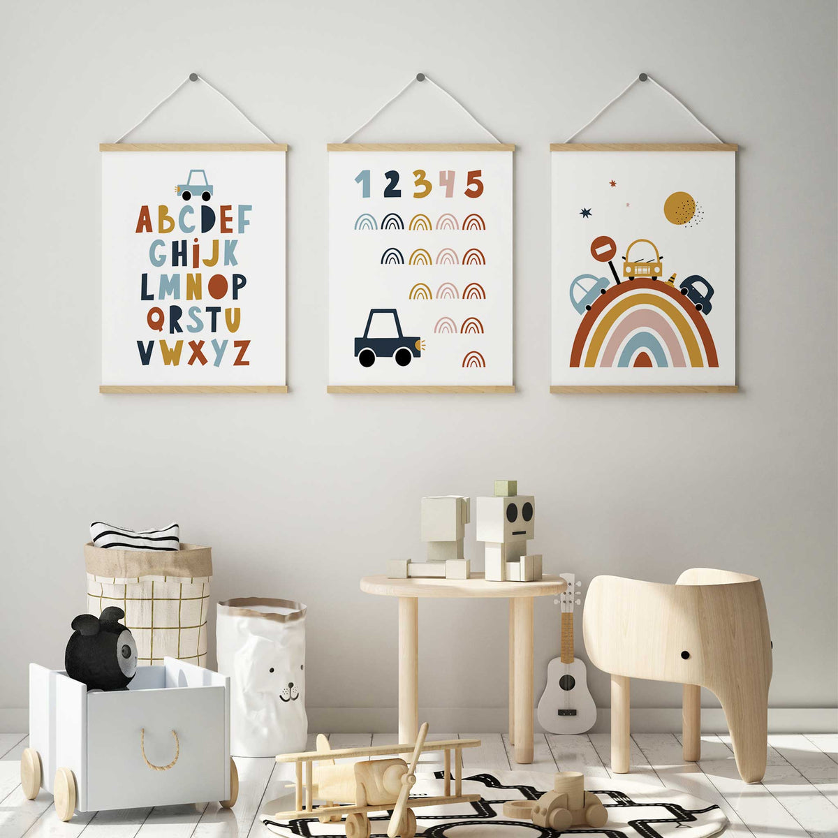 Car alphabet and number print set with multicoloured letters, numbers 1 to 5 and three cars crossing a striped rainbow.