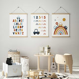 Car alphabet and number print set with multicoloured letters, numbers 1 to 5 and three cars crossing a striped rainbow.