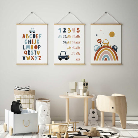 Car alphabet and number print set with multicoloured letters, numbers 1 to 5 and three cars crossing a striped rainbow.