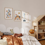Transport boys wall art set featuring alphabet, rainbow car print and counting poster in soft blue, mustard and terracotta tones for boys bedroom decor