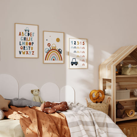 Transport boys wall art set featuring alphabet, rainbow car print and counting poster in soft blue, mustard and terracotta tones for boys bedroom decor