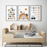 Transport alphabet nursery print with playful letter design for boys bedroom wall decor