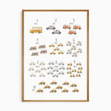 transport numbers wall art print with watercolour vehicles counting one to ten