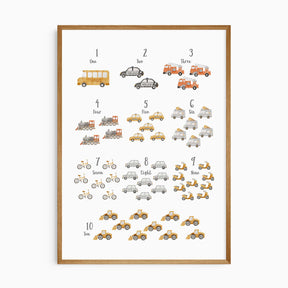 transport numbers wall art print with watercolour vehicles counting one to ten