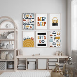 Set of six transport prints with Beep Beep, Let's Go, a mustard curved road, cars, buses and a town road pattern.
