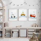 Transport wall art set of three with simple police car, taxi and fire engine illustrations on white backgrounds.