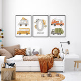 Transport print set with initial road initial and name, ice cream van, school bus, fire engine and green rubbish truck.set