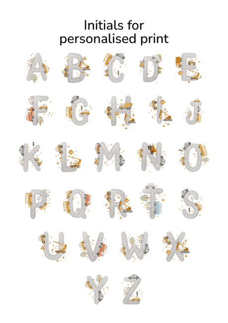 A to Z grey road-shaped initials with white lane markings, small vehicles, bicycles and trees for personalised name prints.