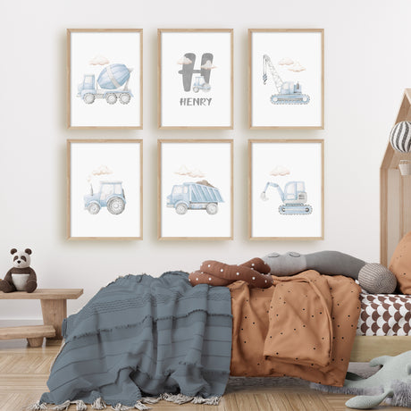 Watercolor-pastel vehicle wall art for kids featuring cement mixer and construction trucks