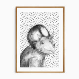 Black and grey Triceratops portrait with detailed horns and frill against a white background patterned with black marks.