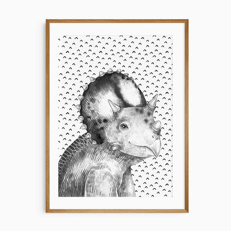 Black and grey Triceratops portrait with detailed horns and frill against a white background patterned with black marks.