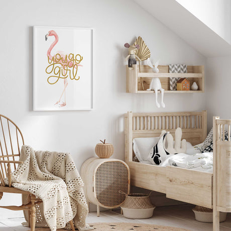 Tropical flamingo nursery print in soft pink watercolor style