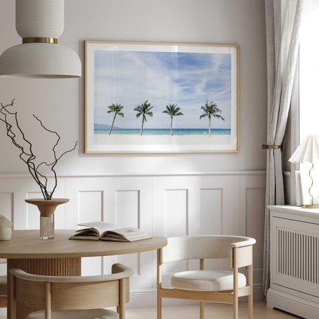 Tropical palm tree photography print with a calm beach and ocean scene for bedroom, hallway or living room wall art.