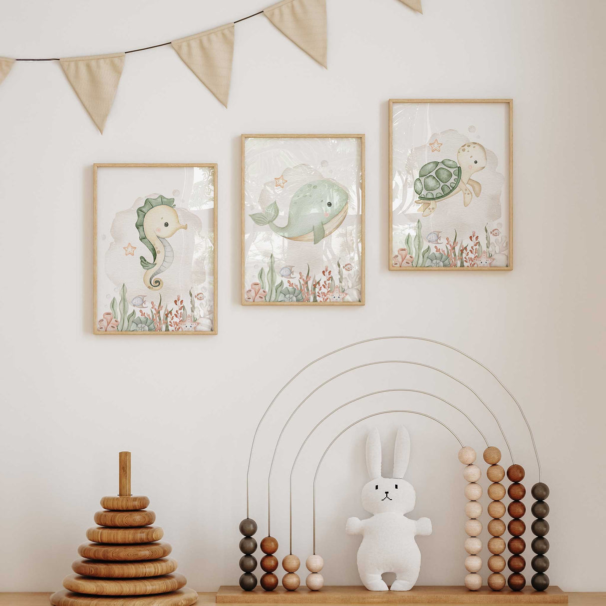 Watercolour turtle seahorse and whale print set