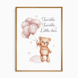 Twinkle Twinkle bear holding pink balloons nursery print for baby girl décor.