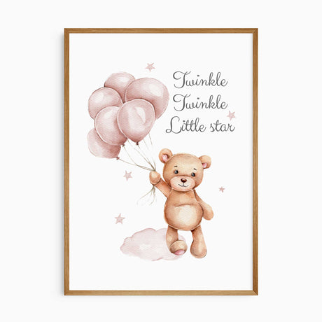 Twinkle Twinkle bear holding pink balloons nursery print for baby girl décor.