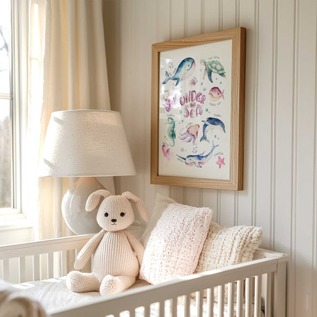 Under the Sea girls bedroom print with whale, dolphin, seahorse and turtle nursery wall art