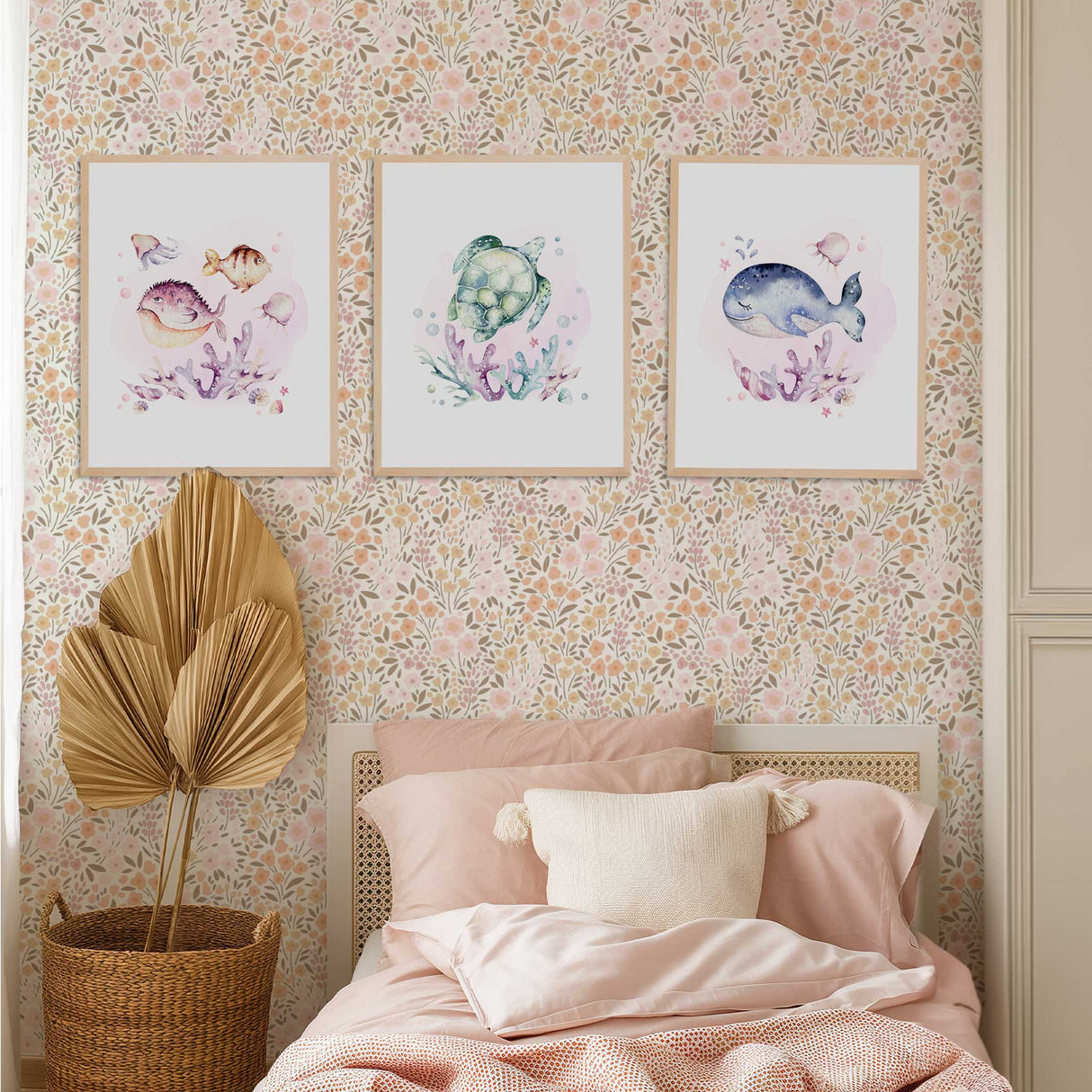 Under the sea girls wall art set featuring fish, turtle and whale prints in soft pastel pink, blue and purple tones