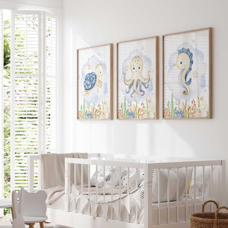 Watercolour ocean trio in calming blue tones