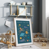 a collection of sea creatures living under the sea. For nursery or bedroom decor for kids