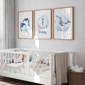 Personalised nursery art with soft blue ocean animals