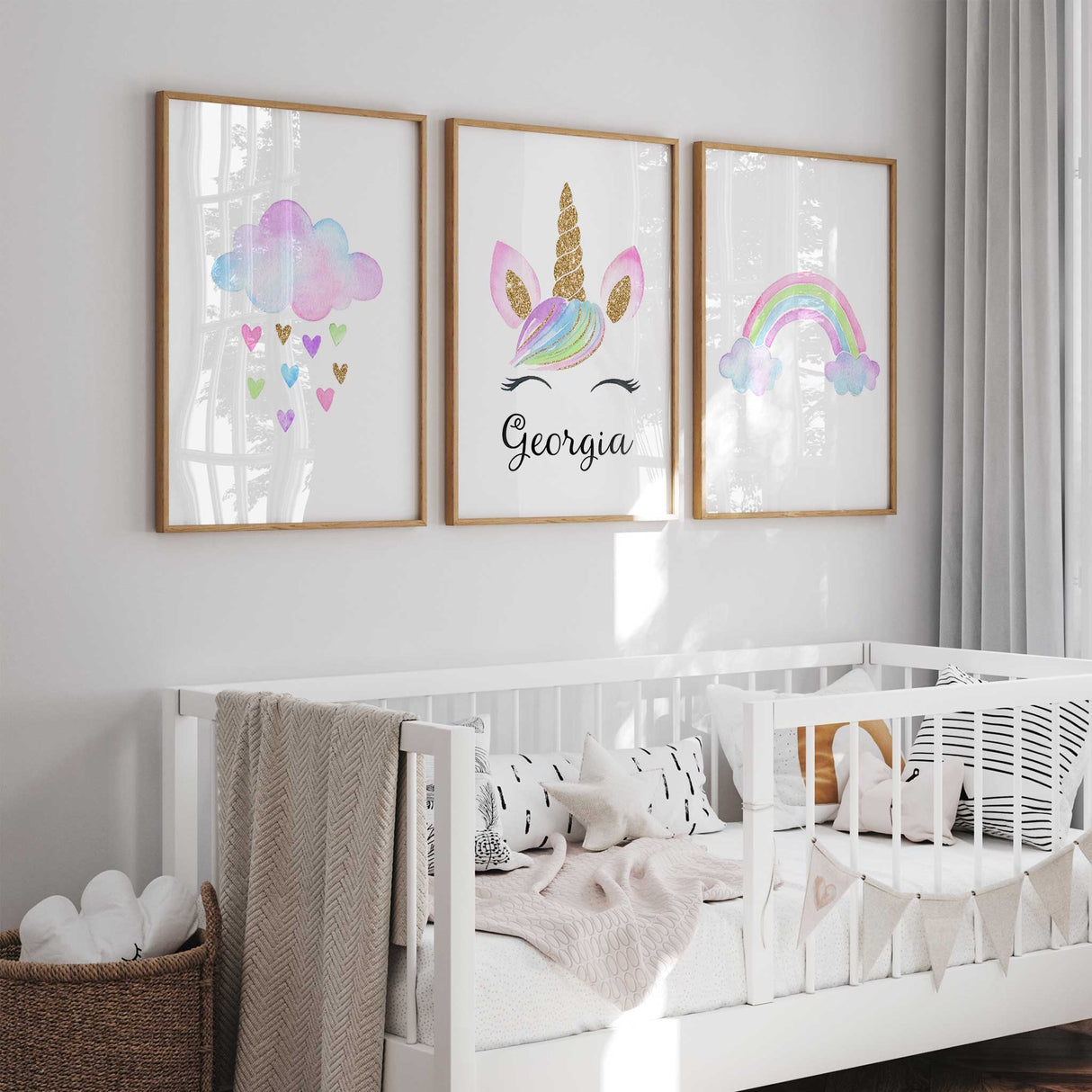 Personalised nursery wall art set with a rainbow, unicorn, and cloud with hearts, ideal for girls room decoration.