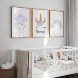 Personalised nursery wall art set with a rainbow, unicorn, and cloud with hearts, ideal for girls room decoration.