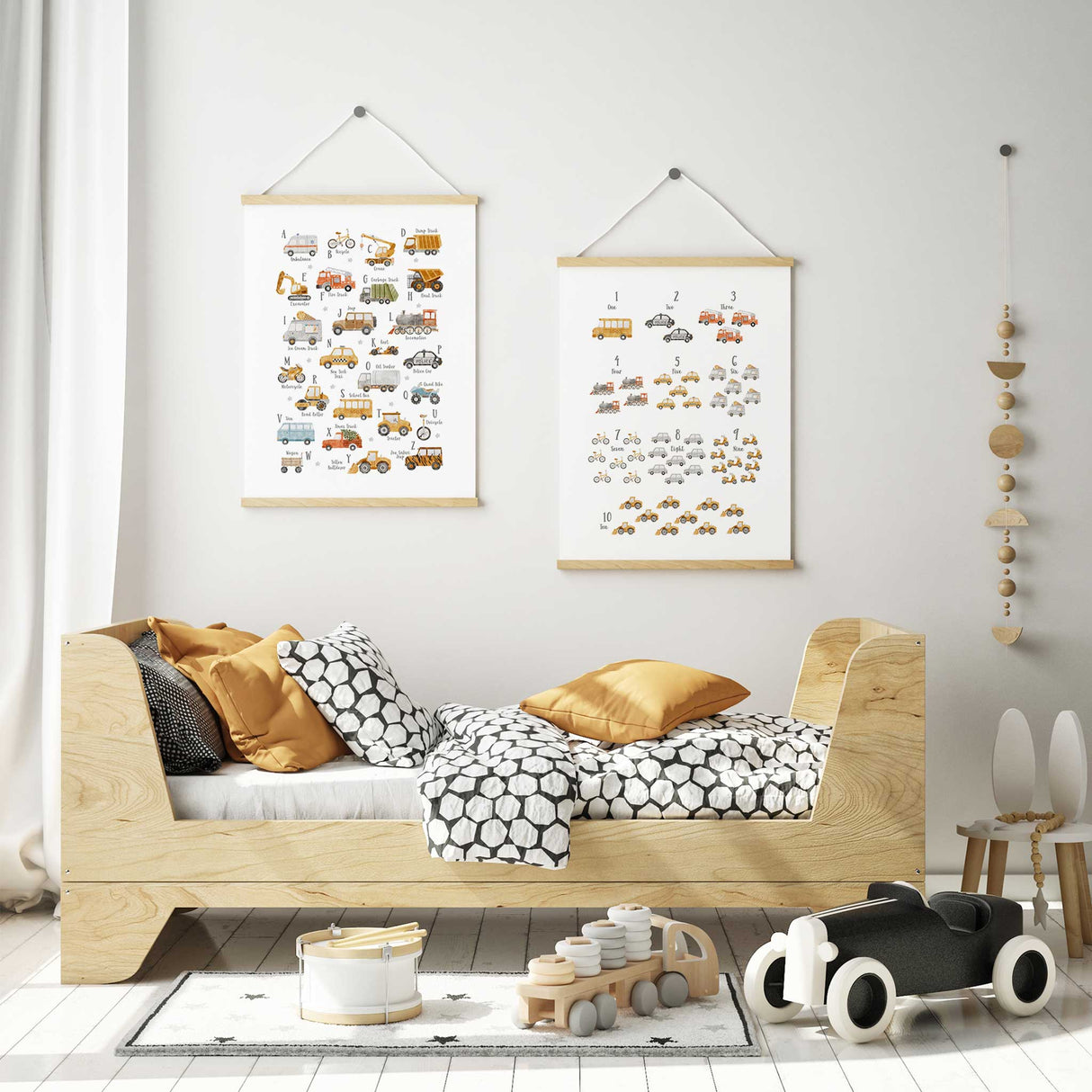 Vehicle alphabet and numbers print set featuring cars trucks and construction vehicles for nursery wall art.