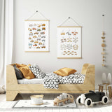 Vehicle alphabet and numbers print set featuring cars trucks and construction vehicles for nursery wall art.