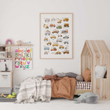 Vehicle alphabet wall art print featuring A to Z transport illustrations including trucks, bikes and construction vehicles for kids room decor