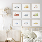 Vehicle print set for playroom featuring everyday transport illustrations