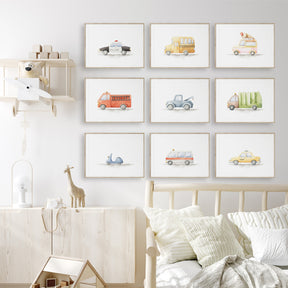 Vehicle print set for playroom featuring everyday transport illustrations