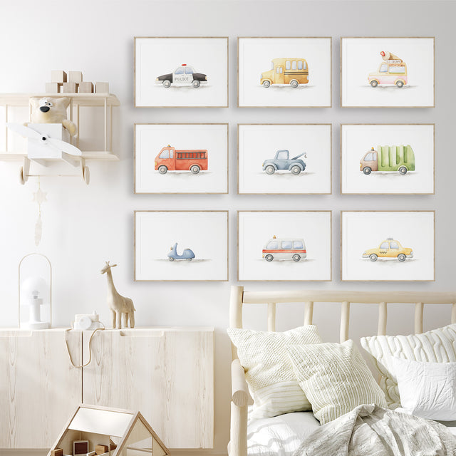 Vehicle print set for playroom featuring everyday transport illustrations