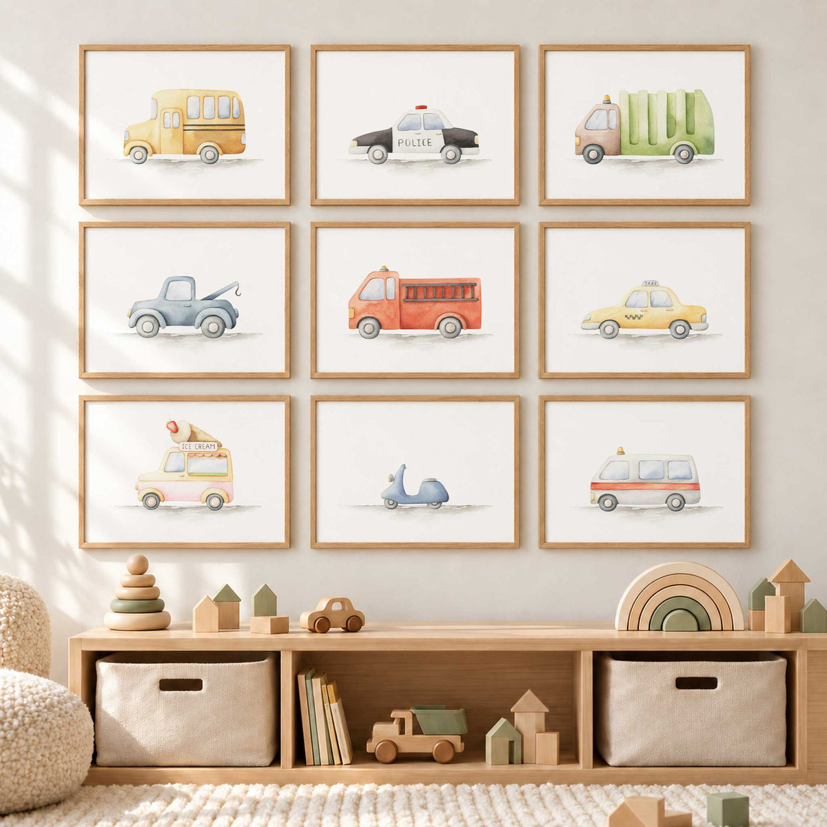 Vehicle wall art set of nine with a bus, police car, rubbish truck, tow truck, fire engine, taxi, two vans and scooter.