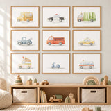 Vehicle wall art set of nine with a bus, police car, rubbish truck, tow truck, fire engine, taxi, two vans and scooter.