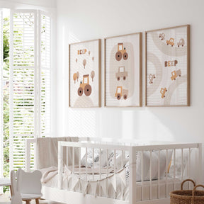 Vehicle wall art for a boys nursery featuring cars and tractors