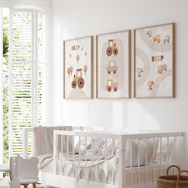 Vehicle wall art for a boys nursery featuring cars and tractors