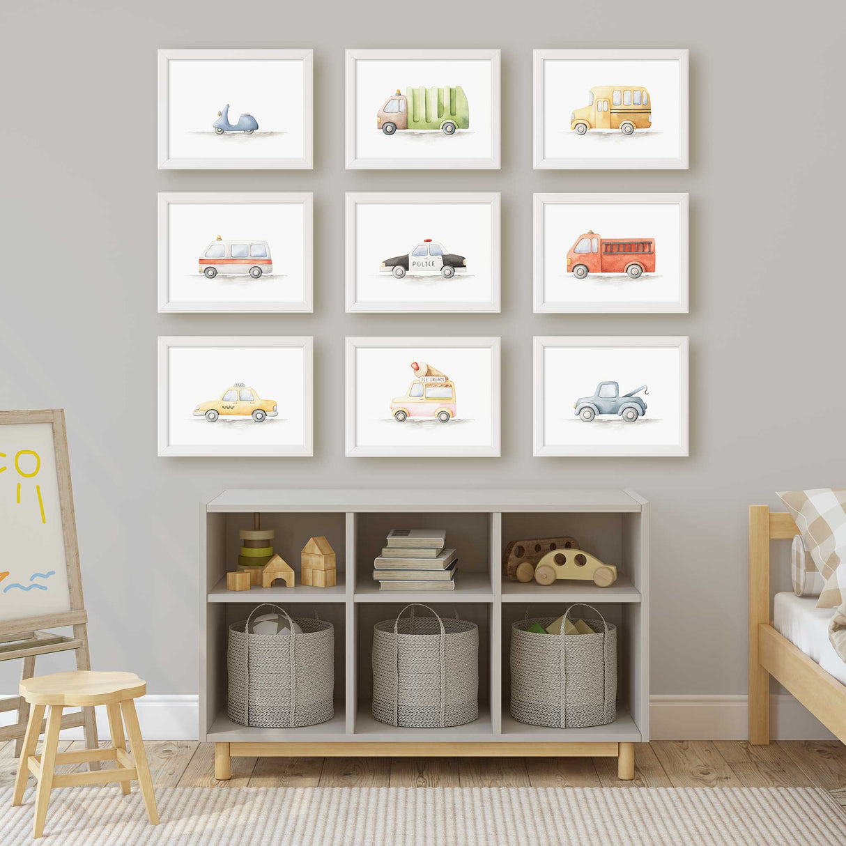 vehicle wall art for kids room with soft watercolour style