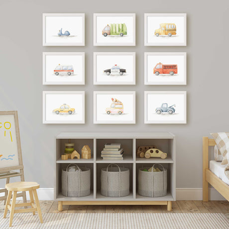 vehicle wall art for kids room with soft watercolour style