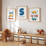 Vehicle nursery print set with cars and fire trucks, personalised name wall art for boys bedroom decor.